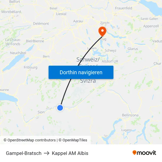 Gampel-Bratsch to Kappel AM Albis map