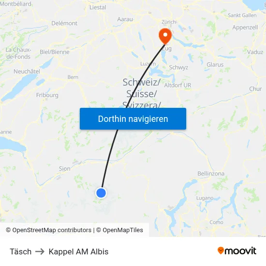 Täsch to Kappel AM Albis map