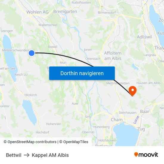 Bettwil to Kappel AM Albis map