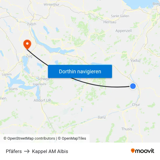 Pfäfers to Kappel AM Albis map