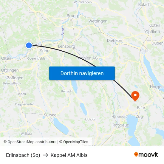 Erlinsbach (So) to Kappel AM Albis map