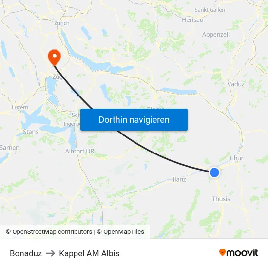 Bonaduz to Kappel AM Albis map