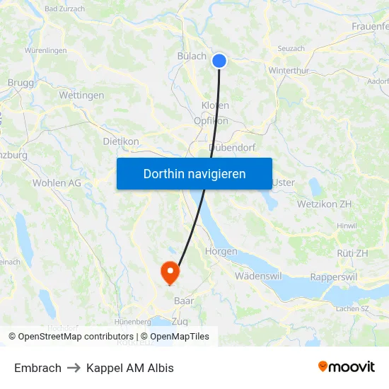 Embrach to Kappel AM Albis map