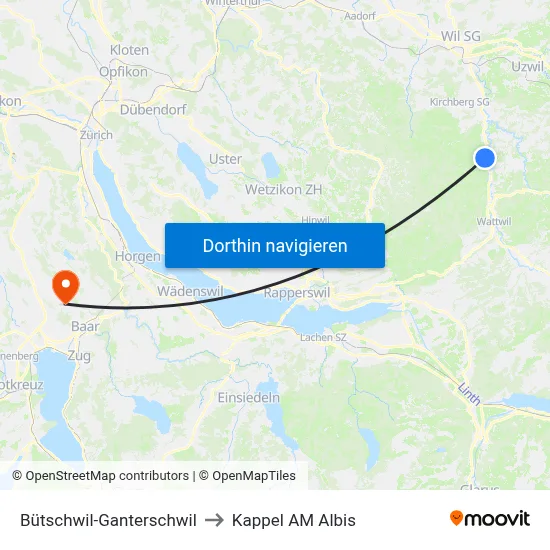 Bütschwil-Ganterschwil to Kappel AM Albis map