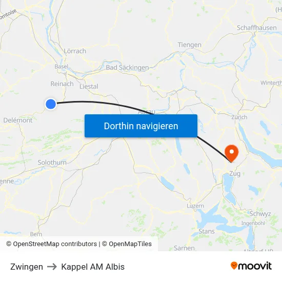 Zwingen to Kappel AM Albis map