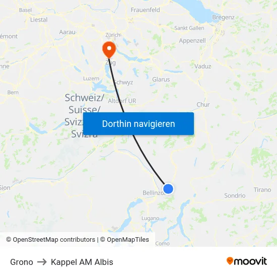 Grono to Kappel AM Albis map
