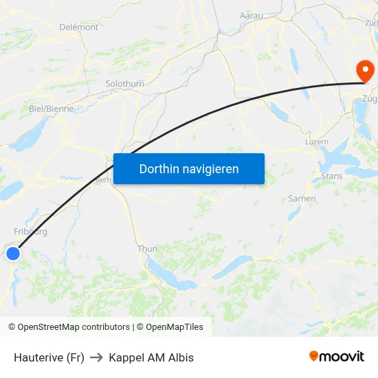 Hauterive (Fr) to Kappel AM Albis map