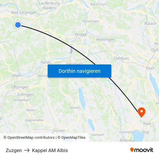 Zuzgen to Kappel AM Albis map