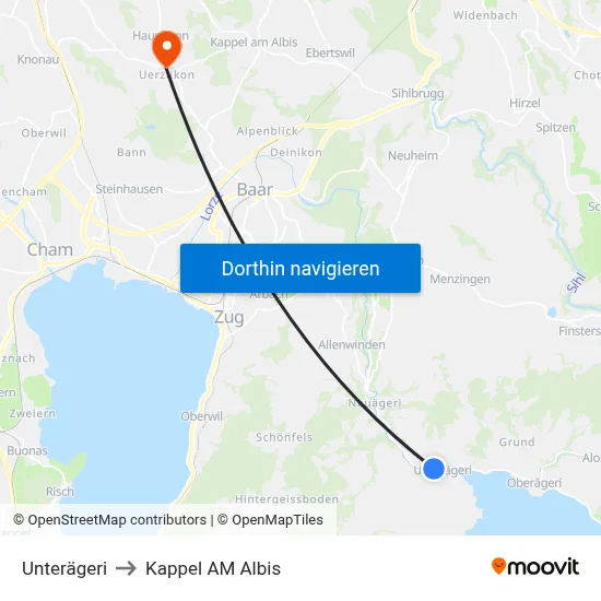 Unterägeri to Kappel AM Albis map