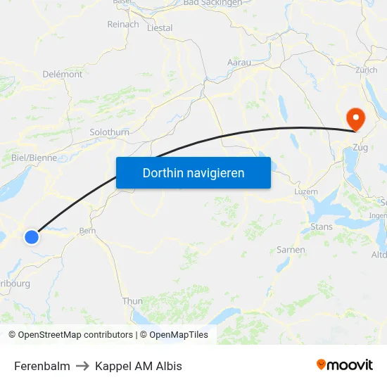 Ferenbalm to Kappel AM Albis map