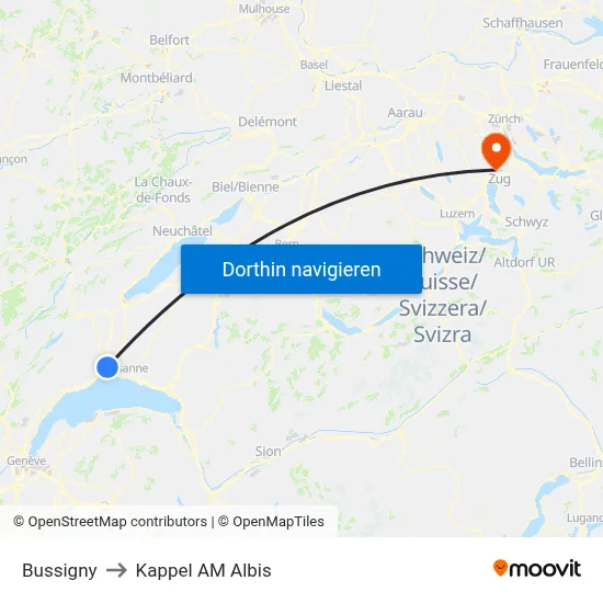 Bussigny to Kappel AM Albis map
