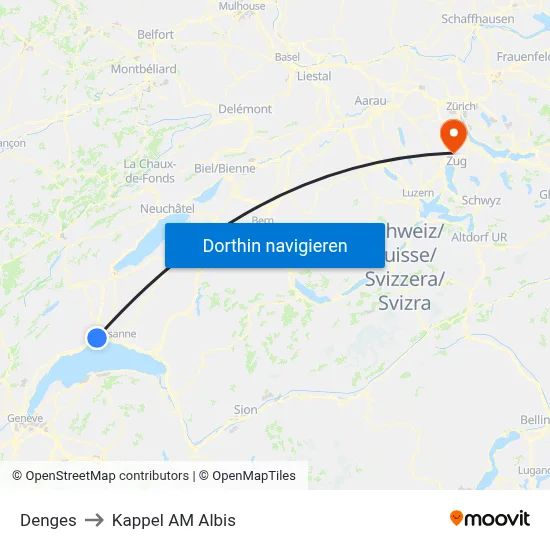 Denges to Kappel AM Albis map