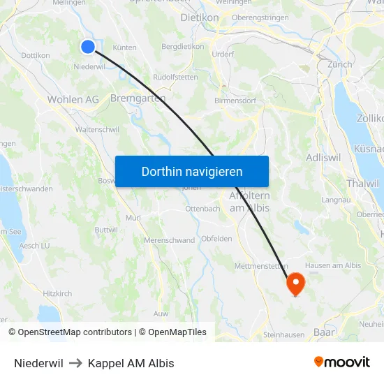 Niederwil to Kappel AM Albis map