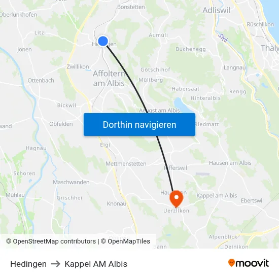 Hedingen to Kappel AM Albis map