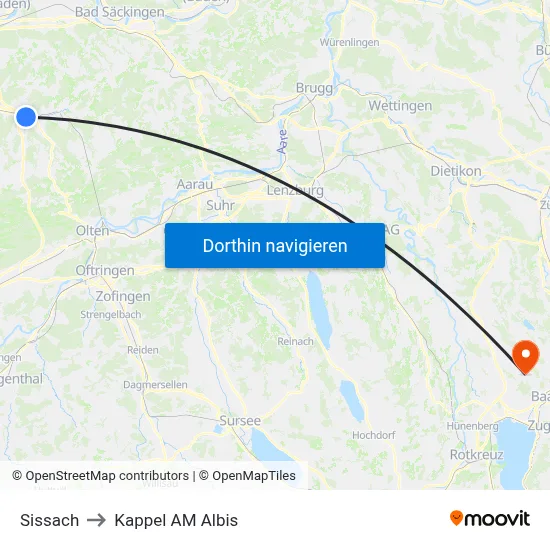 Sissach to Kappel AM Albis map