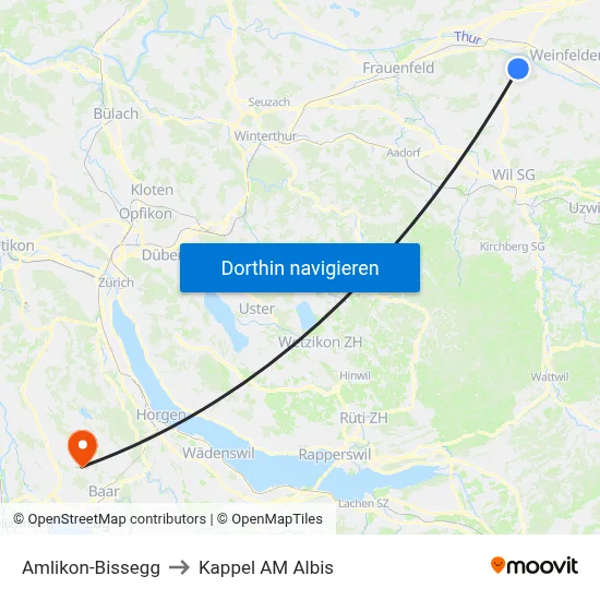 Amlikon-Bissegg to Kappel AM Albis map