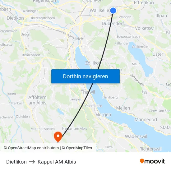 Dietlikon to Kappel AM Albis map