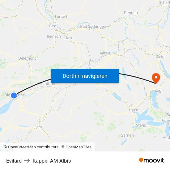 Evilard to Kappel AM Albis map