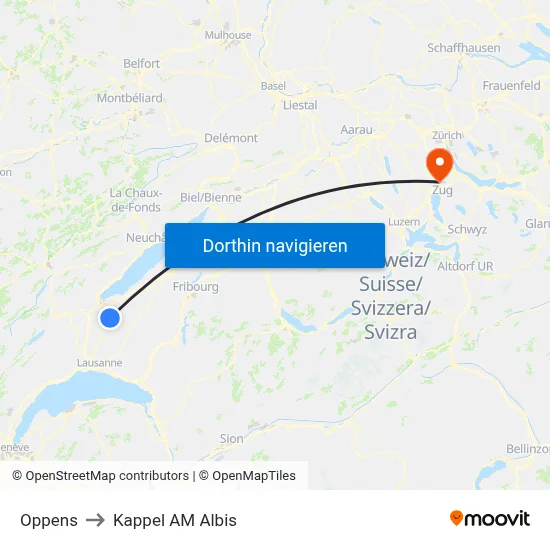 Oppens to Kappel AM Albis map