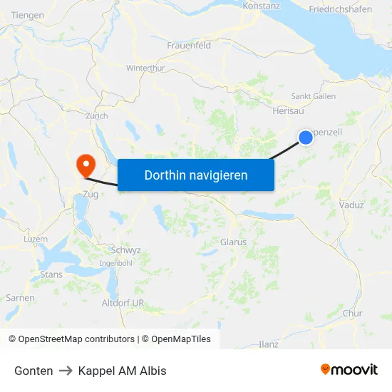 Gonten to Kappel AM Albis map
