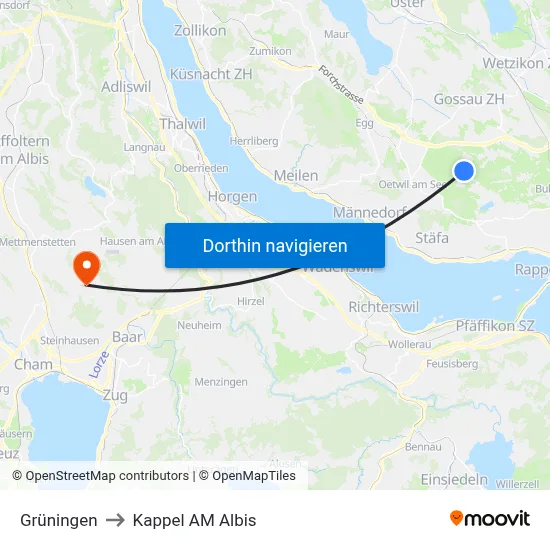 Grüningen to Kappel AM Albis map