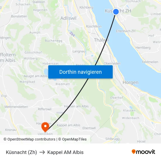 Küsnacht (Zh) to Kappel AM Albis map