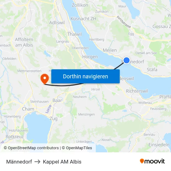 Männedorf to Kappel AM Albis map