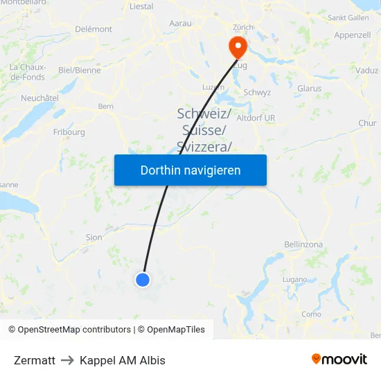 Zermatt to Kappel AM Albis map