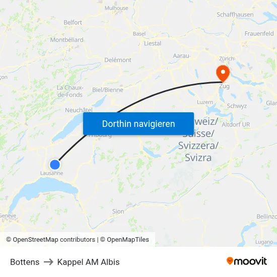 Bottens to Kappel AM Albis map