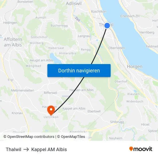 Thalwil to Kappel AM Albis map