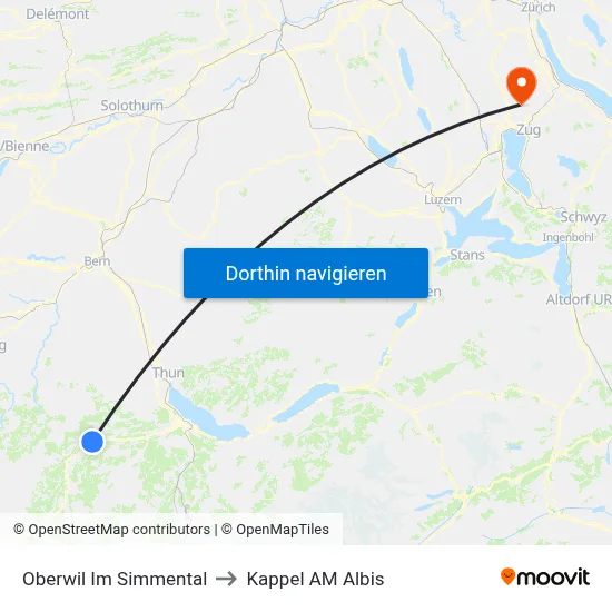 Oberwil Im Simmental to Kappel AM Albis map
