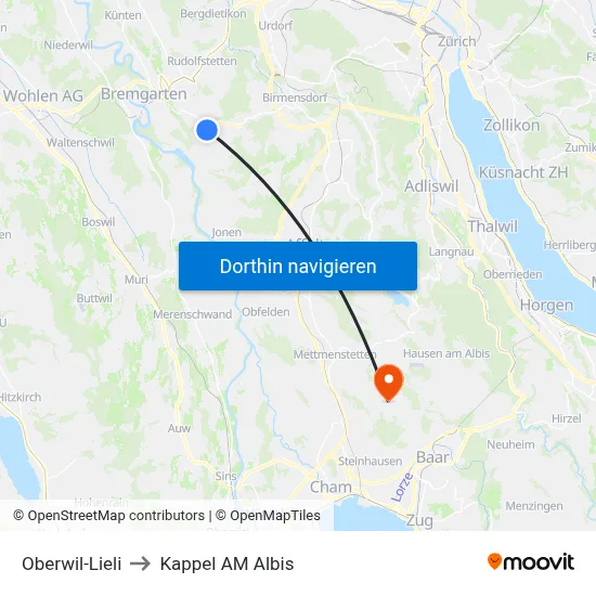 Oberwil-Lieli to Kappel AM Albis map