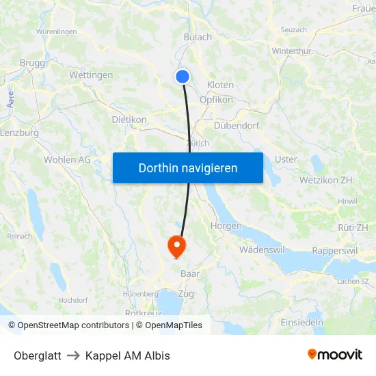 Oberglatt to Kappel AM Albis map