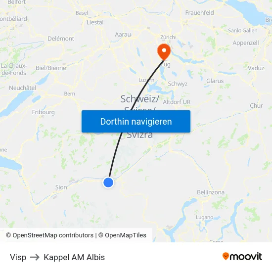 Visp to Kappel AM Albis map
