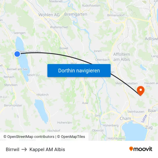 Birrwil to Kappel AM Albis map