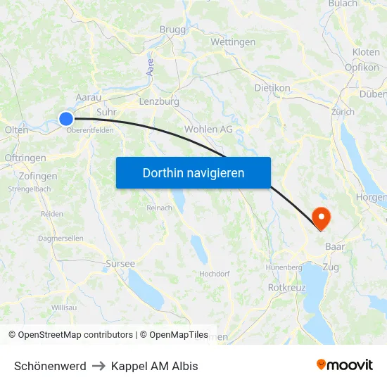 Schönenwerd to Kappel AM Albis map