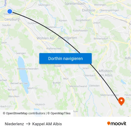 Niederlenz to Kappel AM Albis map