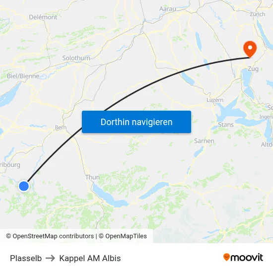 Plasselb to Kappel AM Albis map