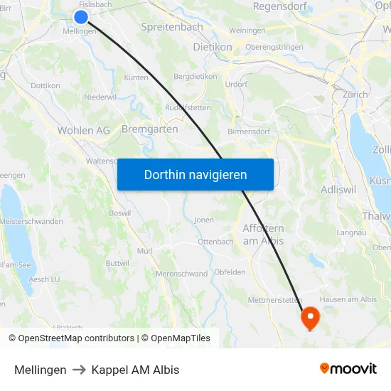 Mellingen to Kappel AM Albis map