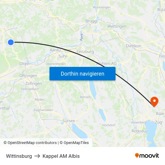 Wittinsburg to Kappel AM Albis map