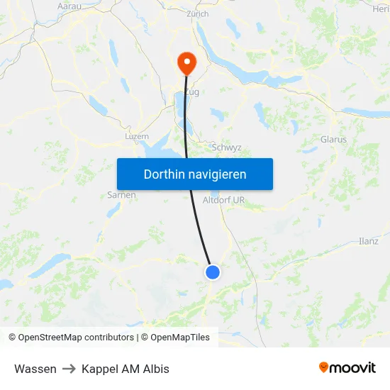 Wassen to Kappel AM Albis map