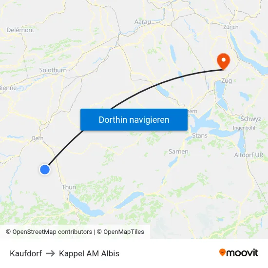 Kaufdorf to Kappel AM Albis map