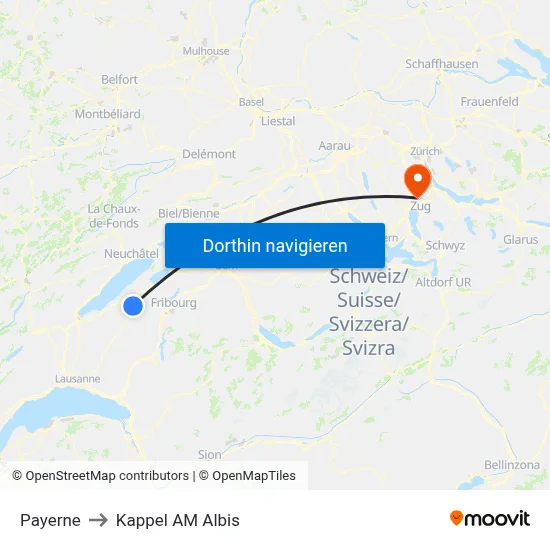 Payerne to Kappel AM Albis map