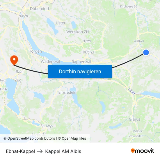 Ebnat-Kappel to Kappel AM Albis map