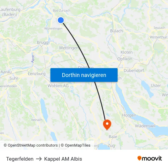 Tegerfelden to Kappel AM Albis map