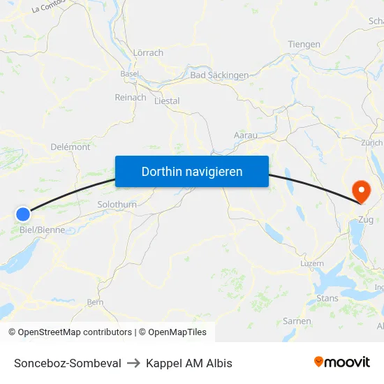 Sonceboz-Sombeval to Kappel AM Albis map
