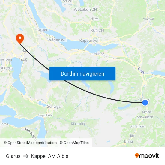Glarus to Kappel AM Albis map