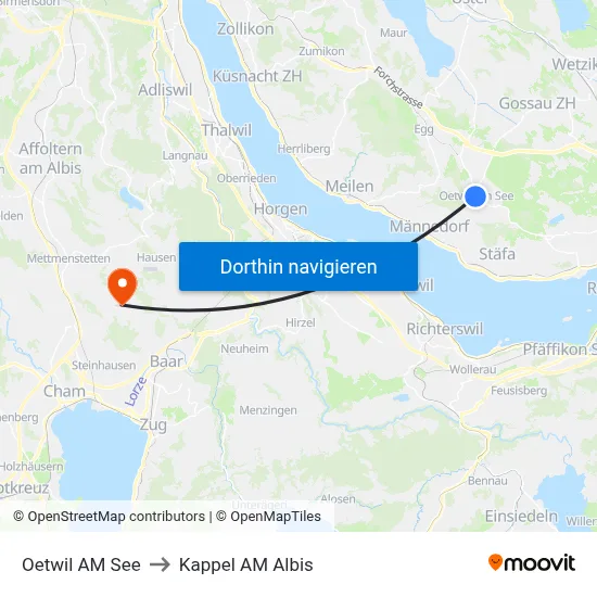 Oetwil AM See to Kappel AM Albis map