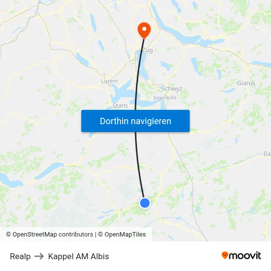 Realp to Kappel AM Albis map