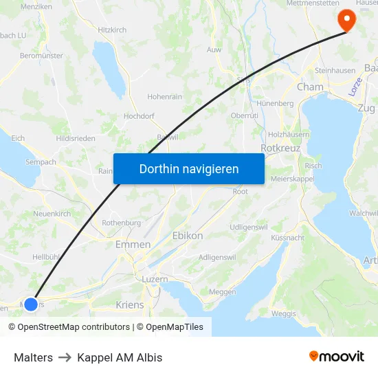 Malters to Kappel AM Albis map